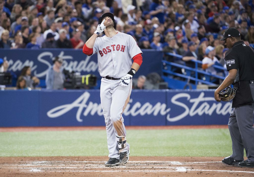 Apr 26, 2018; Toronto, Ontario, CAN; Boston Red Sox right fielder J.D. Martinez (28) celebrates after hitting a three run home run in the fifth inning during a game against the Toronto Blue Jays at Rogers Centre. Mandatory Credit: Nick Turchiaro-USA TODAY Sports
