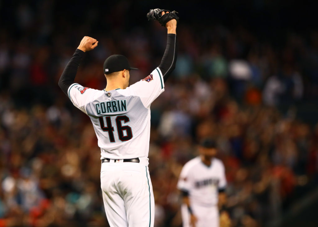 Apr 17, 2018; Phoenix, AZ, USA; Arizona Diamondbacks pitcher Patrick Corbin celebrates following the final out of his complete game one hit victory against the San Francisco Giants at Chase Field. Mandatory Credit: Mark J. Rebilas-USA TODAY Sports