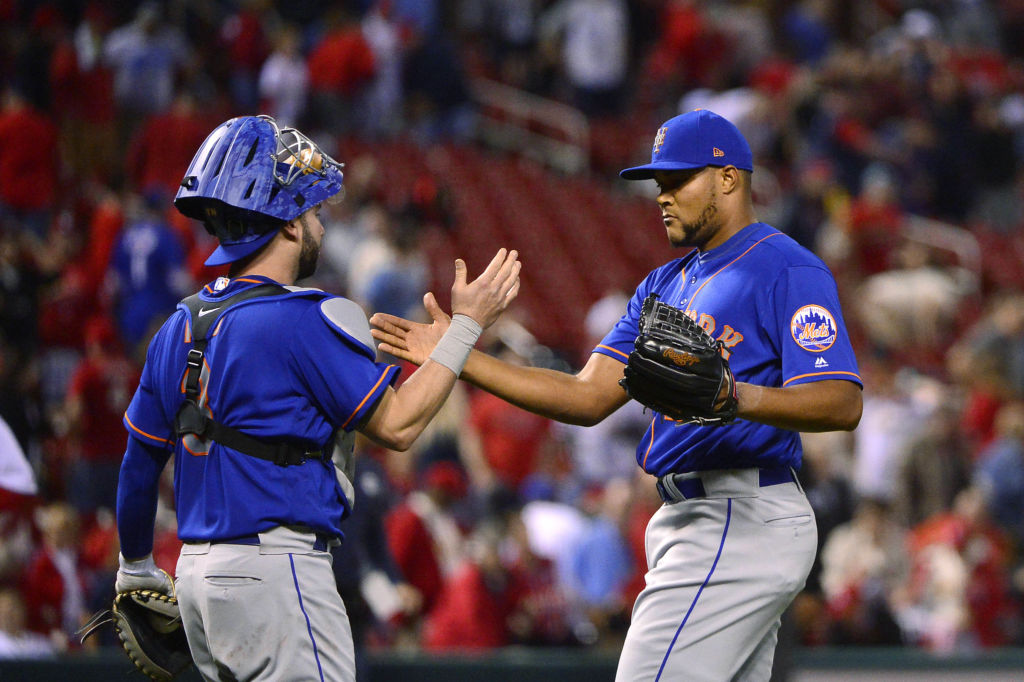 Apr 24, 2018; St. Louis, MO, USA; New York Mets relief pitcher Jeurys Familia (27) celebrates with catcher Tomas Nido (3) after the Mets defeated the St. Louis Cardinals in ten innings at Busch Stadium. Mandatory Credit: Jeff Curry-USA TODAY Sports