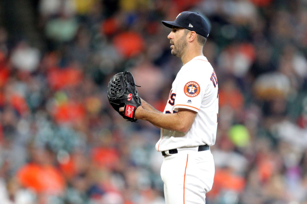Apr 25, 2018; Houston, TX, USA; Houston Astros starting pitcher Justin Verlander (35) prepares to deliver a pitch against the Los Angeles Angels during the third inning at Minute Maid Park. Mandatory Credit: Erik Williams-USA TODAY Sports