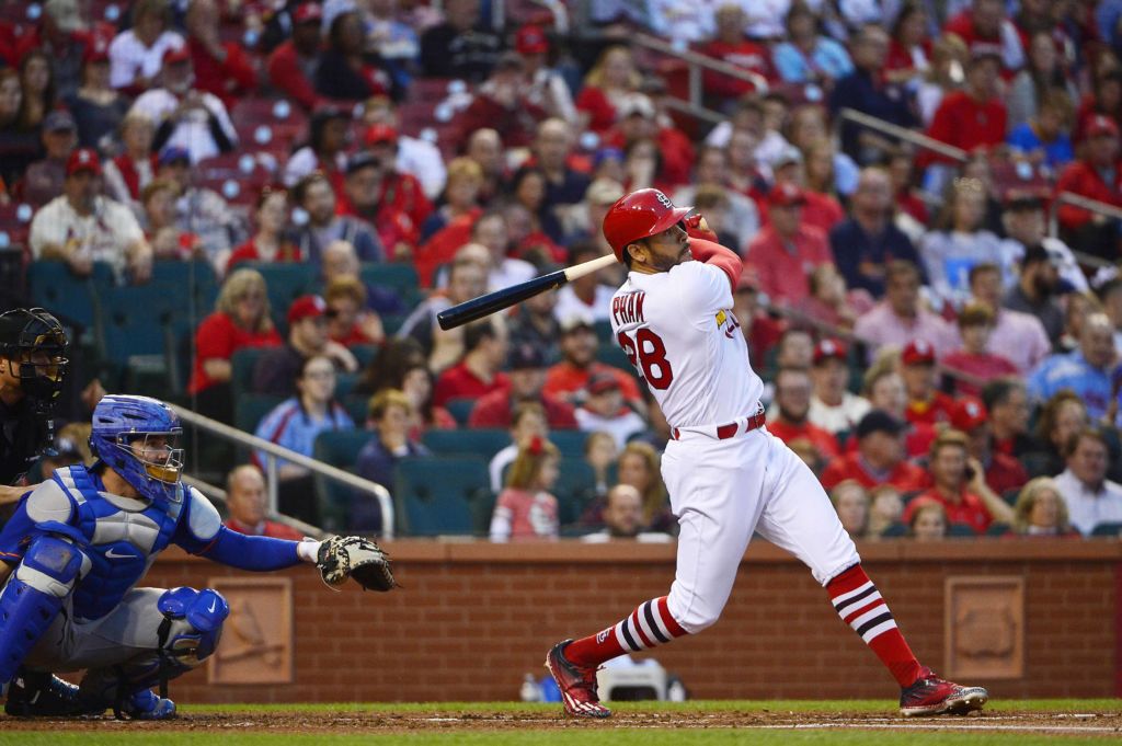 Apr 24, 2018; St. Louis, MO, USA; St. Louis Cardinals center fielder Tommy Pham (28) hits a two run home run off of New York Mets starting pitcher Zack Wheeler (not pictured) during the first inning at Busch Stadium. Mandatory Credit: Jeff Curry-USA TODAY Sports