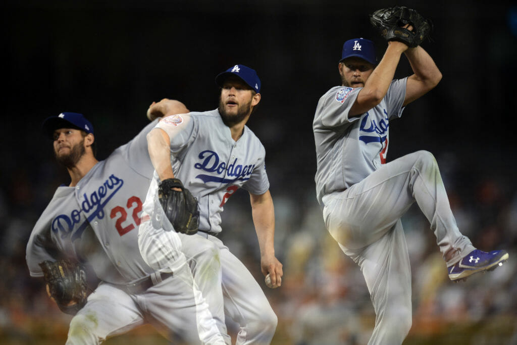 May 1, 2018; Phoenix, AZ, USA; (Editors Note: Double Exposure) Los Angeles Dodgers starting pitcher Clayton Kershaw (22) pitches against the Arizona Diamondbacks during the fifth inning at Chase Field. Mandatory Credit: Joe Camporeale-USA TODAY Sports