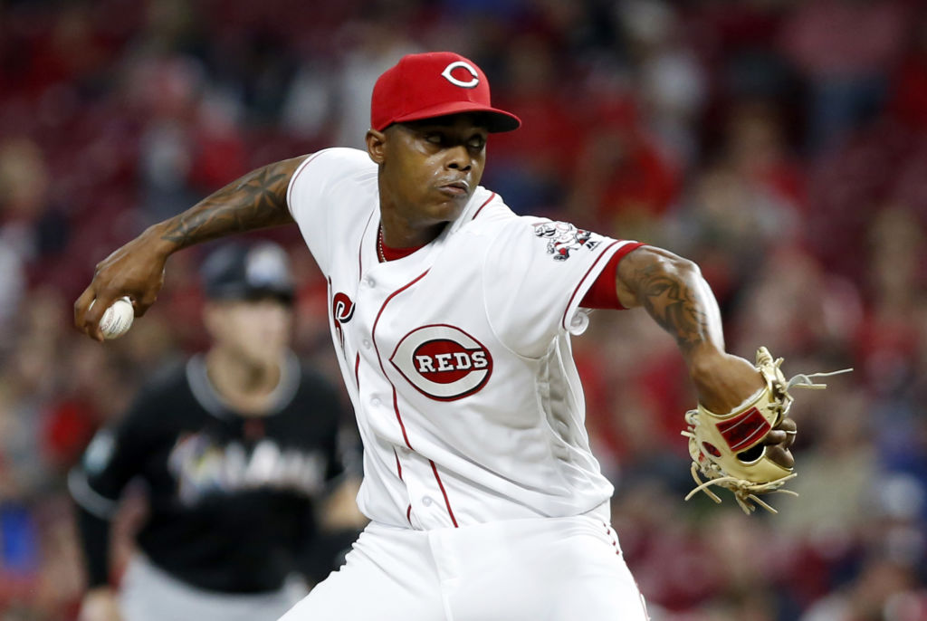May 4, 2018; Cincinnati, OH, USA; Cincinnati Reds relief pitcher Raisel Iglesias pitches against the Miami Marlins during the ninth inning at Great American Ball Park. Mandatory Credit: David Kohl-USA TODAY Sports