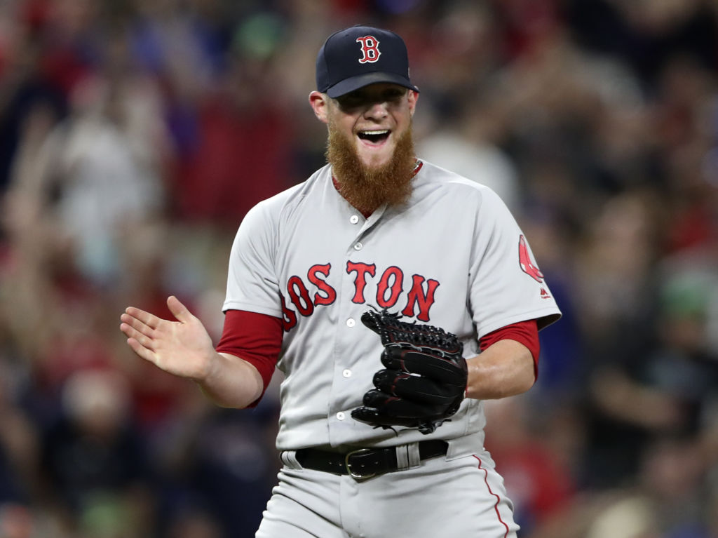 May 5, 2018; Arlington, TX, USA; Boston Red Sox relief pitcher Craig Kimbrel (46) reacts after the game against the Texas Rangers at Globe Life Park in Arlington. Mandatory Credit: Kevin Jairaj-USA TODAY Sports