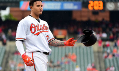 May 16, 2018; Baltimore, MD, USA; Baltimore Orioles shortstop Manny Machado (13) reacts after grounding out in the eighth inning against the Philadelphia Phillies at Oriole Park at Camden Yards. Mandatory Credit: Evan Habeeb-USA TODAY Sports