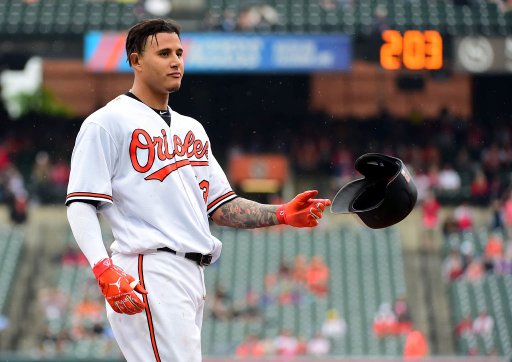 May 16, 2018; Baltimore, MD, USA; Baltimore Orioles shortstop Manny Machado (13) reacts after grounding out in the eighth inning against the Philadelphia Phillies at Oriole Park at Camden Yards. Mandatory Credit: Evan Habeeb-USA TODAY Sports