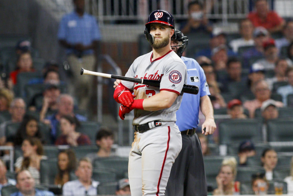 May 31, 2018; Atlanta, GA, USA; Washington Nationals right fielder Bryce Harper (34) reacts after a foul ball against the Atlanta Braves in the eighth inning at SunTrust Park. Mandatory Credit: Brett Davis-USA TODAY Sports